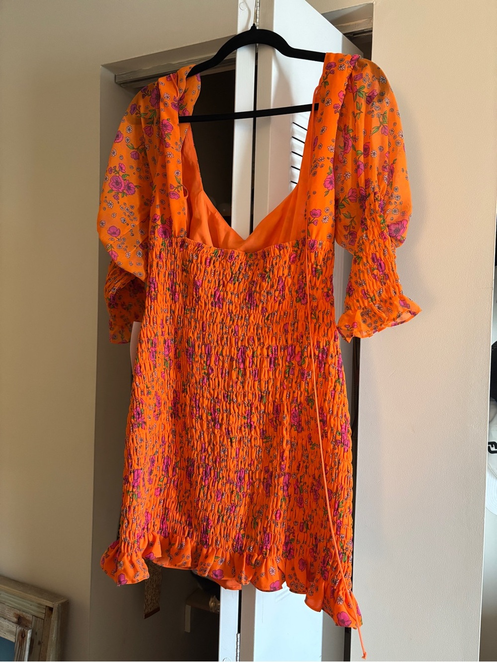 For Love & Lemons Orange Floral Smocked Mini Dress